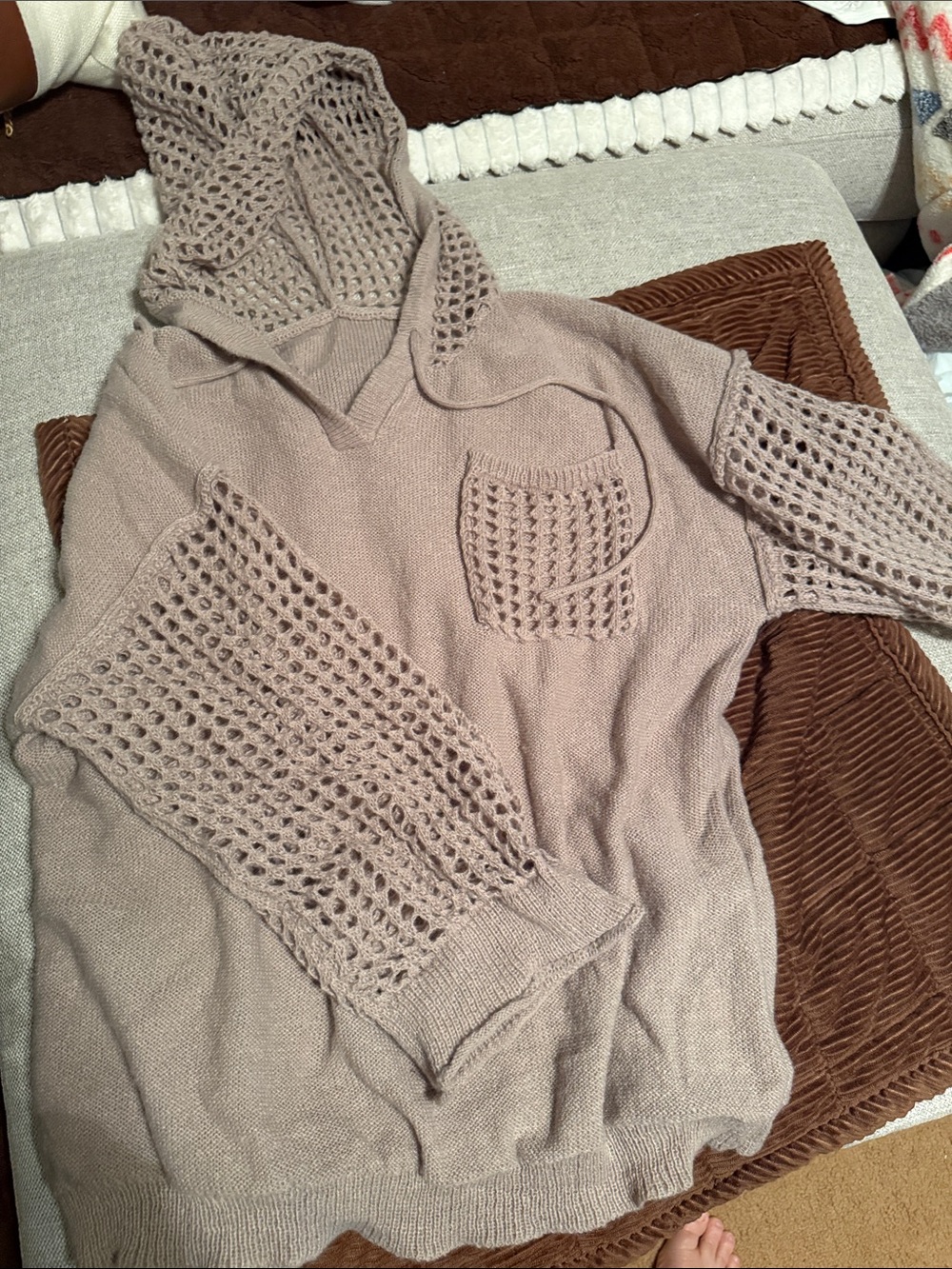 Light Taupe Hooded Crochet-Sleeve Sweater
